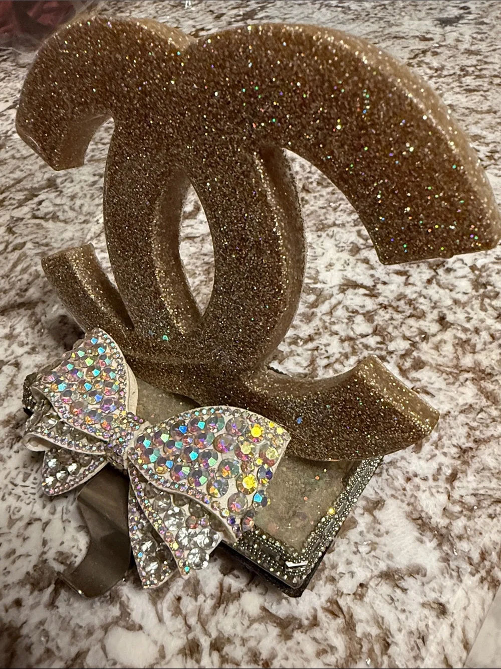 Glitter Rhinestone Bow Christmas Stocking Holder Glam Mantel Decor Handmade